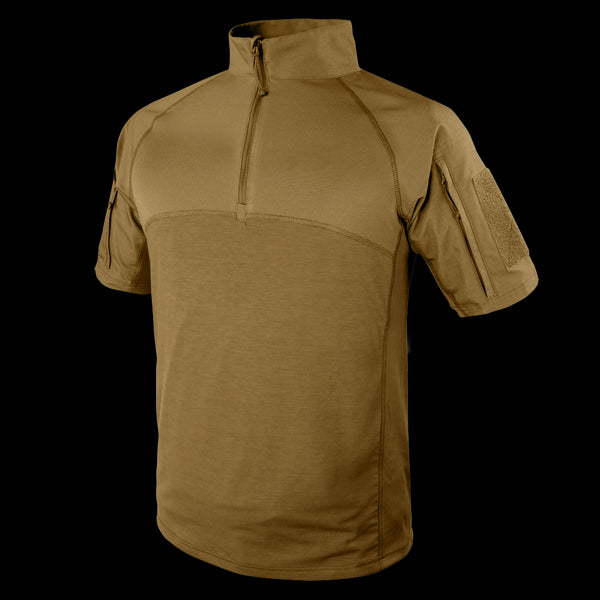 The Condor Short Sleeve Combat Shirt (tan) features a quarter-zip front, high collar, and left sleeve Velcro patch—perfect for bushcraft or military-inspired EDC—shown on a plain background. Now on SALE.